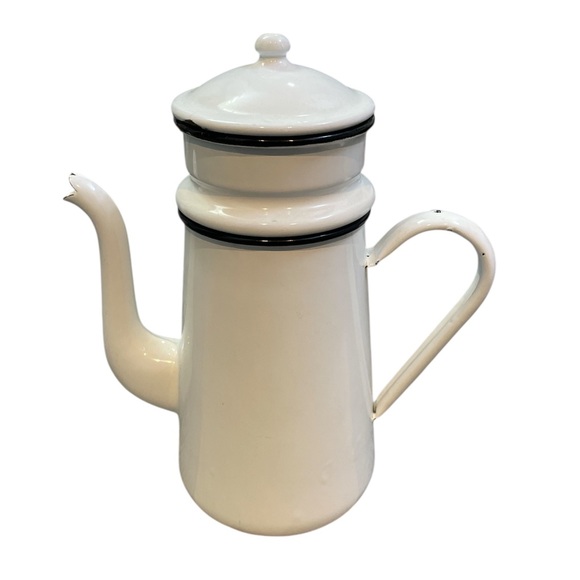 Vintage Other - Vintage Enamel Coffee Pot French Drip White Black Enamelware Farmhouse Cottage